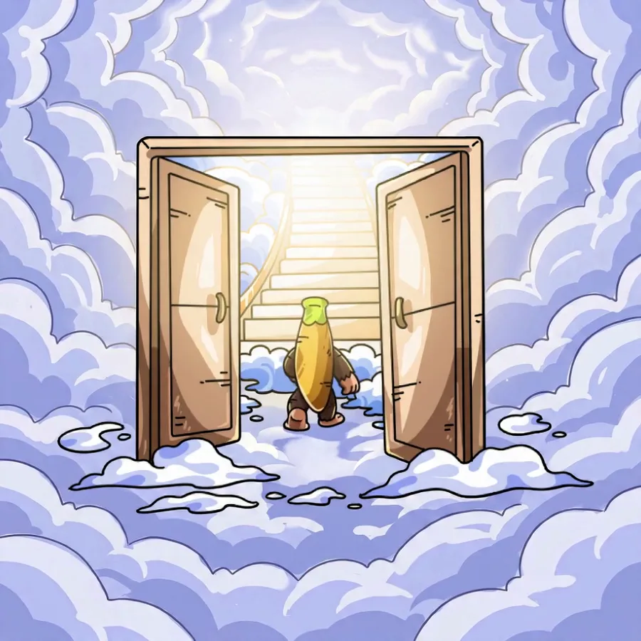 Banana climbing the stairway through the clouds
